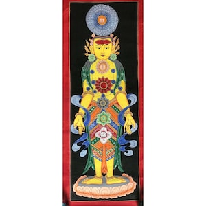 49 x 16 cm – KLEINE GRÖSSE – Buddhistisches Thangka-Gemälde von SAMADHI, „Sieben Chakren“-System, handbemalt mit Thangka-Farben in Nepal, viele Farben