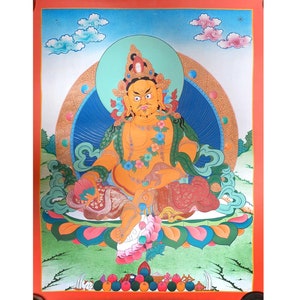 50x37 CM, tibetische Thangka Malerei von Gelber Jambhala, handbemalt mit ThangkaFarben & Echtem Gold in einem buddhistischen Kloster in Nepal.