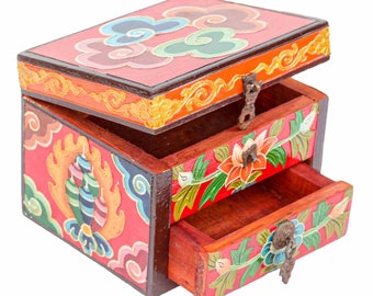 Traditional Tibetan Himalayan Wooden Boxes for Jewelries, Handcarved with Lotus Design, Handpainted with Thangka Colours, Handmade in Nepal