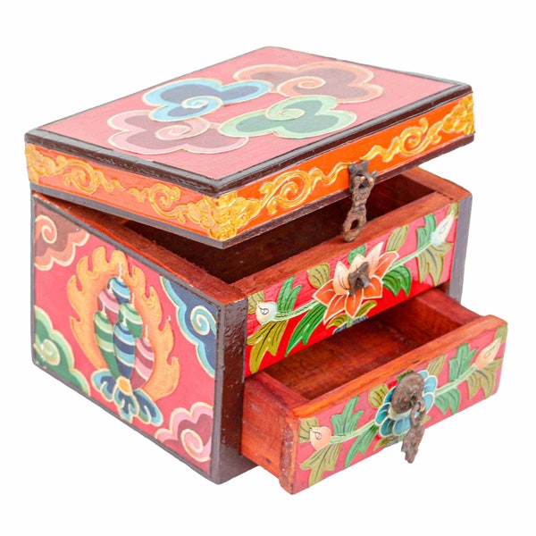 Traditional Tibetan Himalayan Wooden Boxes for Jewelries, Handcarved with Lotus Design, Handpainted with Thangka Colors, Handmade in Nepal