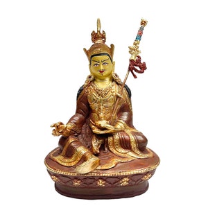 22 cm, Buddhist Statue of Padmasambhava, Guru Rinpoche, Partly Gold Handplated & Handpainted Face with Gold Colour, Handmade in Nepal