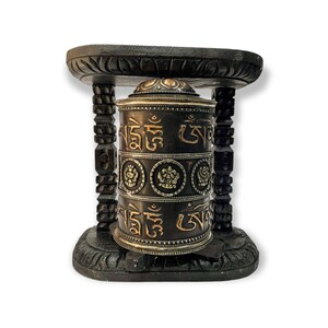 MEDIUM SIZE - Wall Prayer Wheel  with Mantra Inside, Oxidized with Carved &quot;Ohm Mani Padme Uhm&quot; Mantra and Ashtamangala Outside.