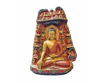 UNIQUE PIECE,Buddhist Statue of Shakyamuni Buddha's Life Story,Handcarved in LAPIS Stone & Handpainted with Thangka Colors,Handmade in Nepal