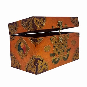 MEDIUM SIZE - Traditional Tibetan Wooden Box, Handpainted with Endless Knot Buddhist Symbol with Thangka Colors, Handmade in Nepal