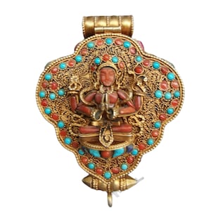 Tibetan Silver Ghau Pendant, Buddhist prayer box Amulet with CHENREZIG & GREEN TARA, Full Gold Plated and Stones Setting, Handmade in Nepal.