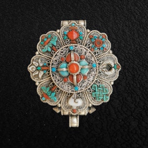 Tibetan Silver Ghau Pendant, Buddhist Prayer box Amulet, Hancarved with Holy ASHTAMANGALA Design and Real Stones Setting, Handmade in Nepal.