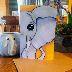 Elefante Hola, tarjeta de felicitación de bellas artes, tarjeta de elefante, interior en blanco, tarjeta para todas las ocasiones, tamaño A9, tarjeta de felicitación ilustrada a mano, tarjeta de nota