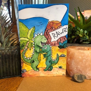 Rawr Hugs, Dinosaur Card, Fine Art Greeting Card, Blank Inside, All Occasion Card, A9 Size, Hand-Illustrated Greeting Card, Y2K Aesthetic