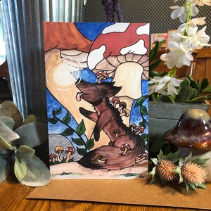 Filhote de cachorro Mushy, cartão de cogumelo, cartão de cachorro, cartão de belas artes, interior em branco, cartão para todas as ocasiões, tamanho A9, cartão de felicitações ilustrado à mão