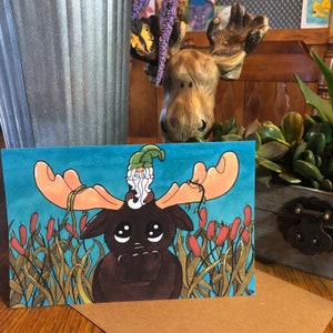 Moose on the Loose, Tarjeta de felicitación de bellas artes, Tarjeta de gnomo, Interior en blanco, Tarjeta para todas las ocasiones, Tamaño A9, Tarjeta de felicitación ilustrada a mano, Tarjeta de alce