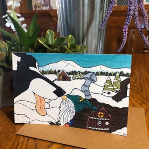 Brincadeira de filhote de cachorro, cartão de belas artes, cartão de gnomo, interior em branco, cartão para todas as ocasiões, tamanho A9, cartão de felicitações ilustrado à mão, cartão Husky