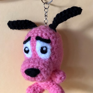 Crochet Courage The Cowardly Dog Inspired Amigurumi Keychain, Stuffed Pink Dog Plush Toy Key Ring, Handmade Animal Plushie Gift Trinket