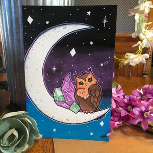 Mignight Mystic, cartão de belas artes, cartão de coruja, cartão de lua, interior em branco, cartão para todas as ocasiões, tamanho A9, cartão de felicitações ilustrado à mão