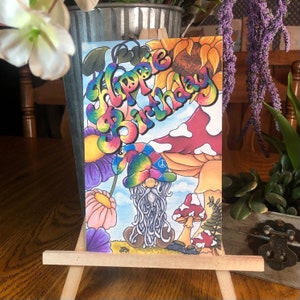 Hippie verjaardag, Fine Art wenskaart, blanco binnenin, verjaardagskaart, A9-formaat, met de hand geïllustreerde wenskaart, kabouterkaart, hippiekaart