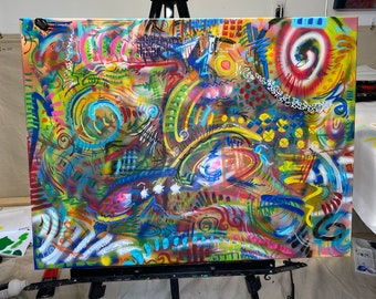 Large Original Colorful Abstract Painting on Canvas, Mixed Media, Avant Garde Type Art, Experimental Art, Abstract Expressions