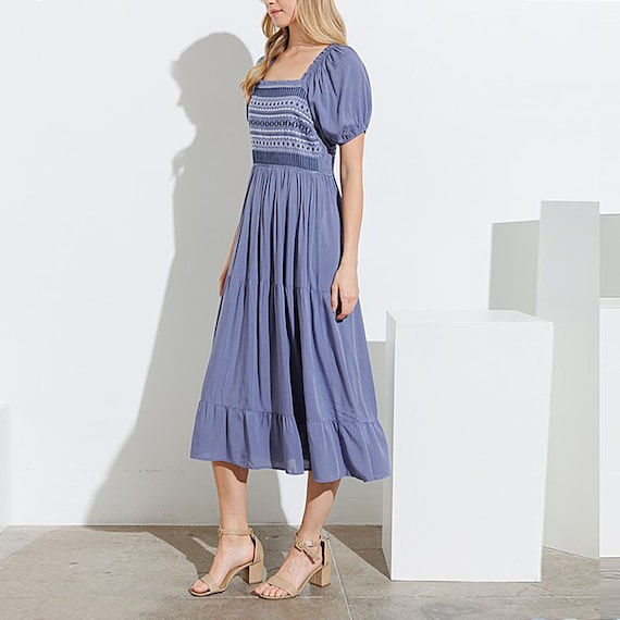 embroidered square neck dress Sail to Sable White Embroidered Square Neck Dress White / XXL / SU25121 main image 1