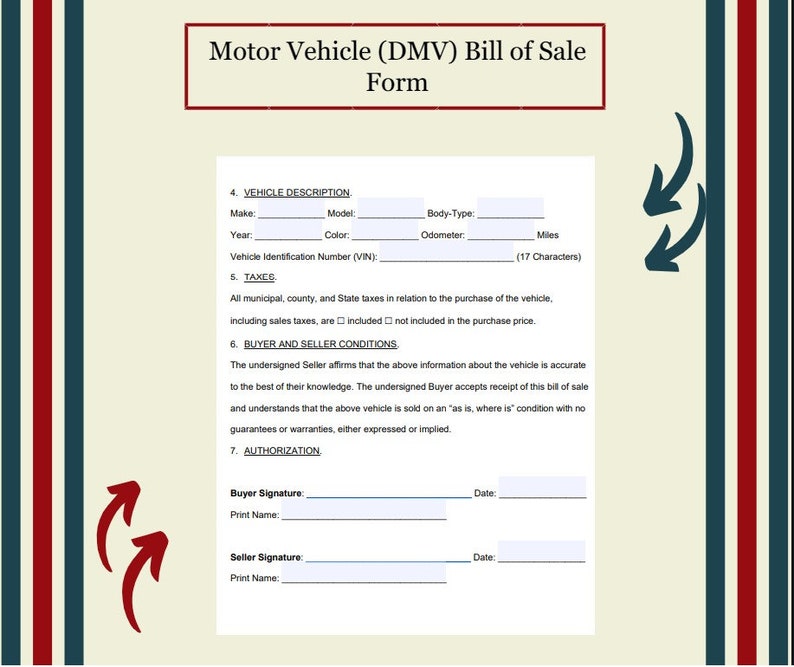 Motor Vehicle DMV Bill of Sale Form Editable Instant Etsy