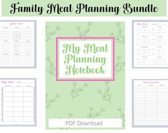 Paquete de planificación de comidas imprimible, listas de comestibles, hojas de inventario, hojas de recetas, favoritos - Descarga digital PDF rosa y verde