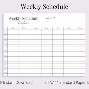 Printable Weekly Shedule - at a Glance - PDF Instant Download - 8.5&quot;x11&quot; Standard Printer Paper Size - Horizontal (Landscape Orientation)
