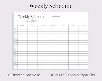 Calendario semanal imprimible - de un vistazo - Descarga instantánea en PDF - Tamaño de papel de impresora estándar de 8,5"x11" - Horizontal (orientación horizontal)
