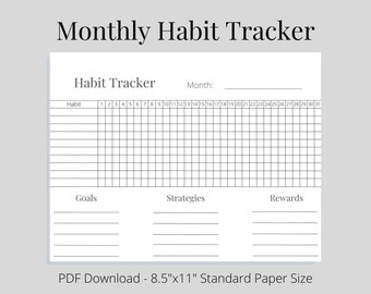 Rastreador de hábitos mensual imprimible - Descarga instantánea en PDF - ¡Con objetivos, estrategias y recompensas! Una página