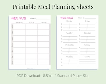 Páginas imprimibles de planificación de comidas - 2 diseños incluidos - PDF Instant Download 8.5"x11" Tamaño de papel estándar - Colección rosa y verde