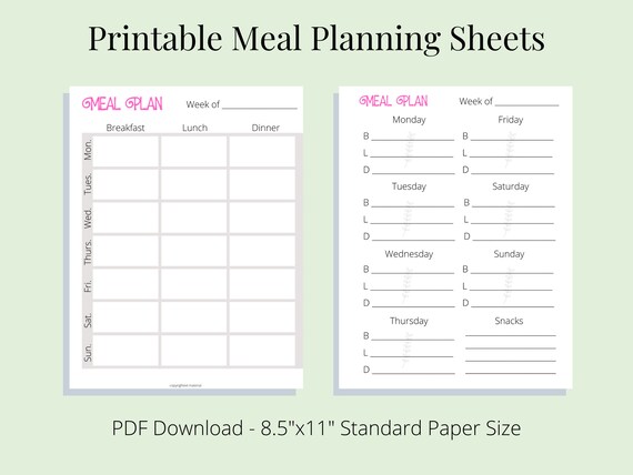 Printable Meal Planning Pages 2 Designs Included PDF - Etsy