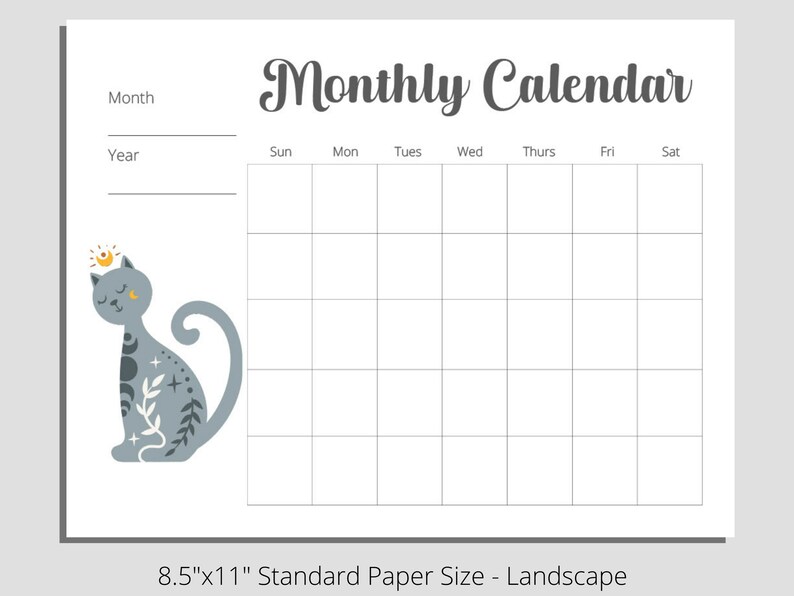 Printable Blank Monthly Calendar Blue Cat PDF Instant Etsy