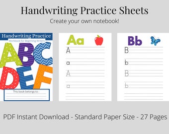 Hojas de práctica de páginas de escritura del alfabeto imprimibles - Preescolar - Kindergarten - Educación en el hogar - Descarga instantánea en PDF