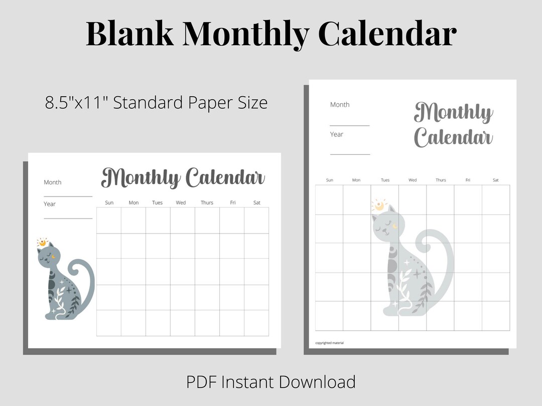 Printable Blank Monthly Calendar Blue Cat PDF Instant Download 8.5x11