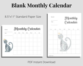 Calendario mensual en blanco imprimible - Blue Cat - Descarga instantánea de PDF - Tamaño de papel estándar de 8.5 "x11" - Opciones de retrato y paisaje