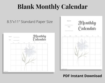 Calendario mensual en blanco imprimible - Flor azul - Descarga instantánea de PDF - Tamaño de papel estándar de 8.5 "x11" - Opciones verticales y horizontales