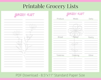 Lista de comestibles imprimible - 2 estilos incluidos - Diseño rosa y verde - Descarga instantánea de PDF - Lista de compras