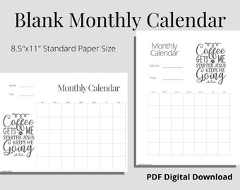 Calendario mensual en blanco imprimible - Café y Jesús - Descarga instantánea en PDF - Tamaño de papel estándar de 8.5 "x11" - Opciones de retrato y paisaje