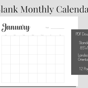 Printable Blank 12- Month Calendar, Perpetual, 8.5&quot;x11&quot; Standard in Landscape, PDF Instant Digital Download, Black