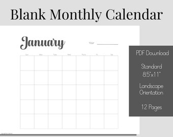 Calendario imprimible en blanco de 12 meses, perpetuo, estándar de 8.5 "x11" en paisaje, descarga digital instantánea de PDF, negro