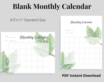 Calendario mensual en blanco imprimible, hoja verde, descarga digital instantánea en PDF, tamaño estándar de 8.5 "x11", tanto vertical como horizontal