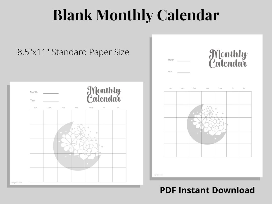 Printable Blank Monthly Calendar - Moon Flowers - Instant Download PDF ...