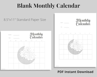 Calendario mensual en blanco imprimible - Flores de luna - Descarga instantánea PDF - Tamaño de papel estándar de 8.5 "x11" - Opciones verticales y horizontales