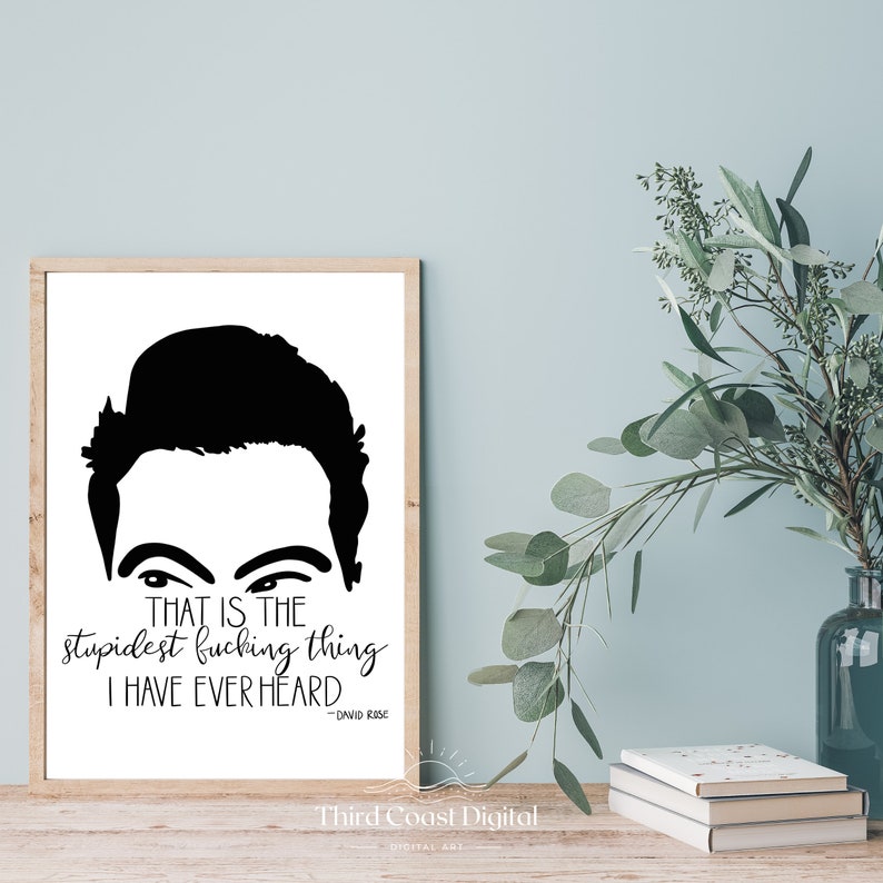 Pu&ograve; includere: Stampa d'arte stampabile in bianco e nero con una silhouette di David Rose dello show televisivo Schitt's Creek. La citazione "That is the stupidest fucking thing I have ever heard" &egrave; scritta sotto la silhouette. La citazione &egrave; attribuita a David Rose.