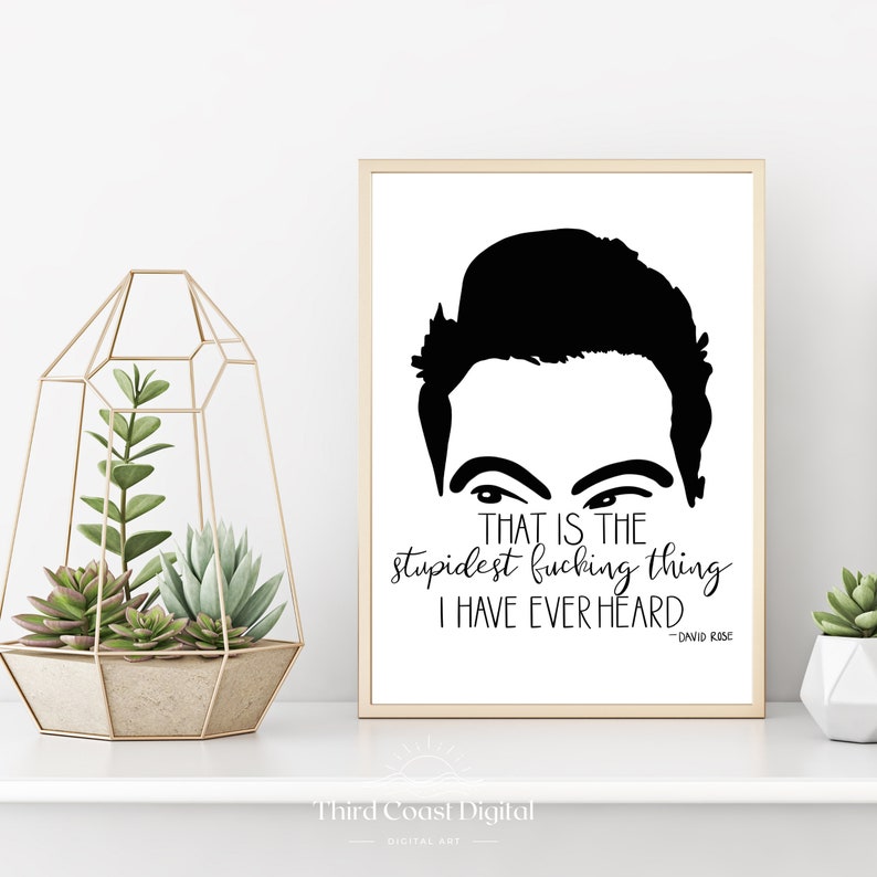 Pu&ograve; includere: Stampa d'arte stampabile in bianco e nero con una silhouette di David Rose dello show televisivo Schitt's Creek. La citazione "THAT IS THE stupidest fucking thing I HAVE EVER HEARD - DAVID ROSE" &egrave; stampata sotto la silhouette.