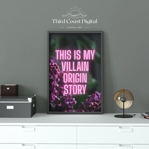 May include: A framed art print with the text "THIS IS MY VILLAIN ORIGIN STORY" in pink neon against a floral background. The print is displayed on a white cabinet with a lamp, boxes, and magazines.