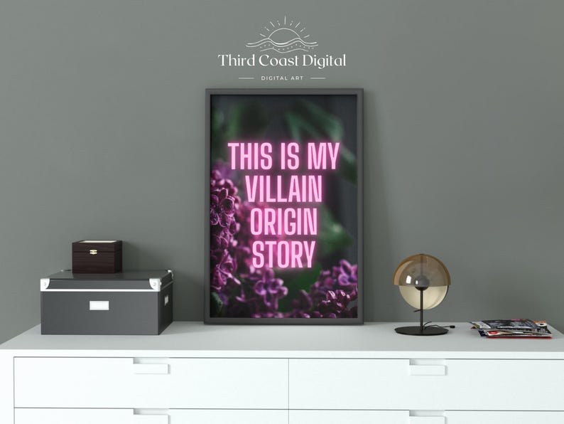 May include: A framed art print with the text "THIS IS MY VILLAIN ORIGIN STORY" in pink neon against a floral background. The print is displayed on a white cabinet with a lamp, boxes, and magazines.