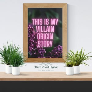 May include: A framed print with the text "THIS IS MY VILLAIN ORIGIN STORY" in pink neon lettering. The background features purple flowers. Two potted plants sit on a wooden shelf below the frame.