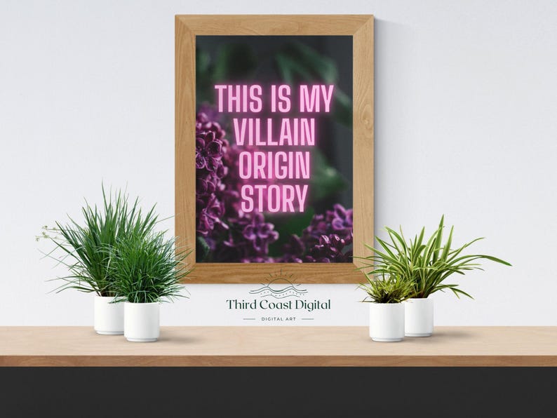 May include: A framed print with the text "THIS IS MY VILLAIN ORIGIN STORY" in pink neon lettering. The background features purple flowers. Two potted plants sit on a wooden shelf below the frame.