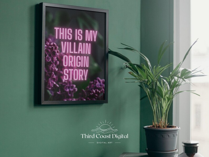 May include: Framed art print with the text "THIS IS MY VILLAIN ORIGIN STORY" in pink neon against a dark background with purple flowers. The print is in a black frame and hangs on a teal wall.