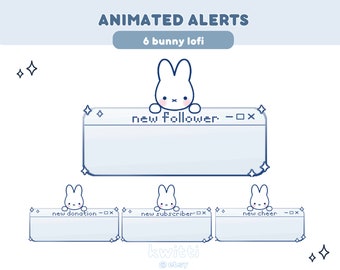 x6 Animated Cute Bunny Plush Twitch Alerts | Y2k Aesthetic Soft Pastel Kawaii Plushie Uwu Lofi Rabbit Alerts | Stream Panels