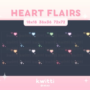 May include: A set of 18, 36, and 72 pixel heart flairs in various colors, including pink, blue, green, yellow, and white. The flairs are designed for use in digital art and graphic design.