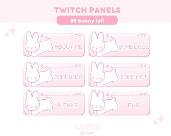 x35 Cute White Bunny Plush Twitch Panels | Pink Lofi Soft Pastel Kawaii Y2k Aesthetic Plushie Sparkly Rabbit Panels | Stream Panels
