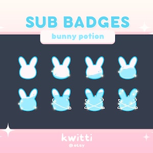 Op de afbeelding: Een set van acht blauwe en witte Twitch-sub-badges in de vorm van een konijnenkop met de tekst "bunny potion" en "kwitti @etsy".